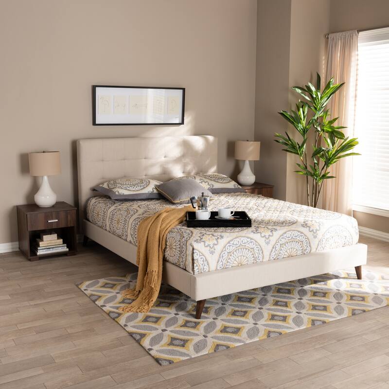 Queen Size Platform Bed with Nightstands - Upholstered Fabric Bed Frame, Beige, Modern Bedroom Furniture
