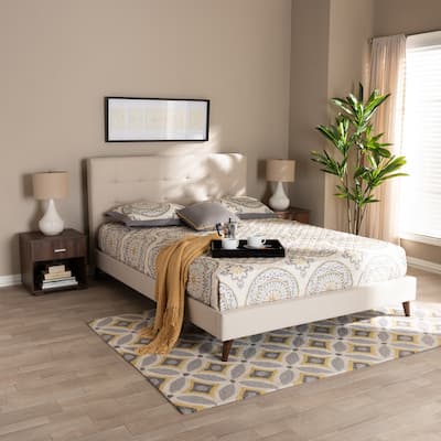 Queen Size Platform Bed with Nightstands - Upholstered Fabric Bed Frame, Beige, Modern Bedroom Furniture