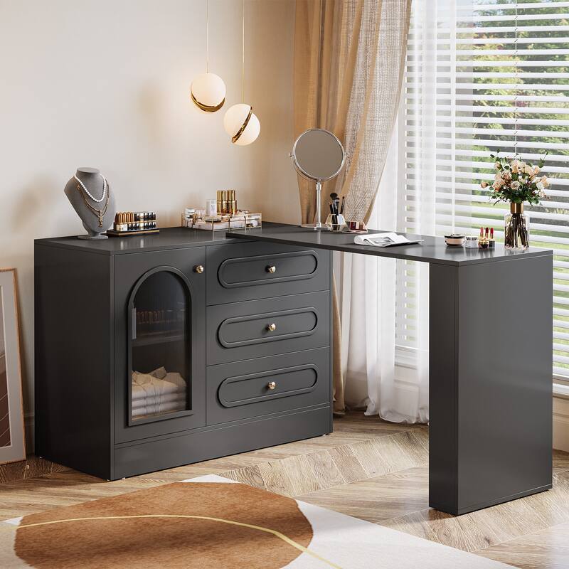 360° Rotatable Vanity Desk with 3 Drawers, Modern White Corner Vanity