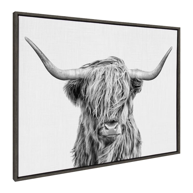 Kate and Laurel Sylvie Highland Cow 2 Framed Canvas by Simon Te of Tai Prints - 28x38 - Grey