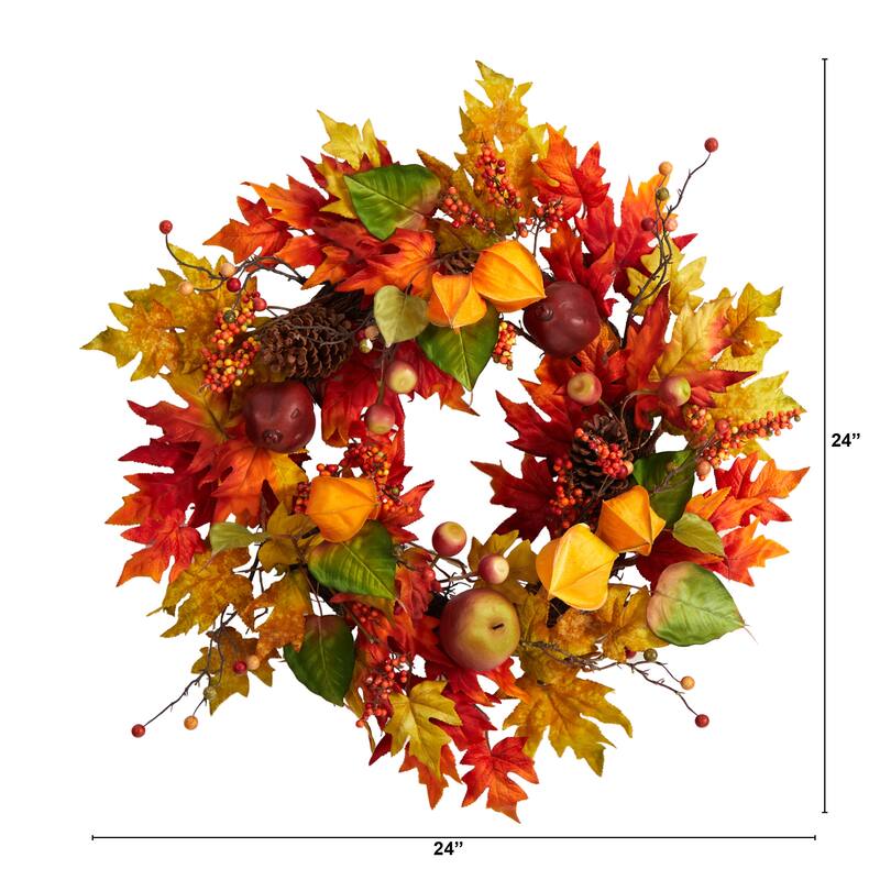 Autumn Maple Leaf Berries and Pinecone Artificial Wreath, 24-Inch, Unlit