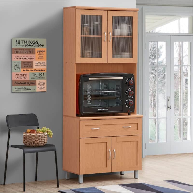 77.5" Beige Solid Microwave Kitchen Cabinet with Transparent Doors