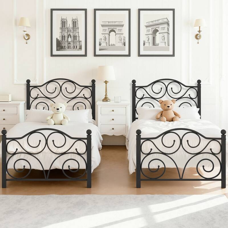 Javlergo 2-Pack Twin Size Victorian Metal Bed Frame for Kids with Headboard & Footboard No Box Spring Needed - Black