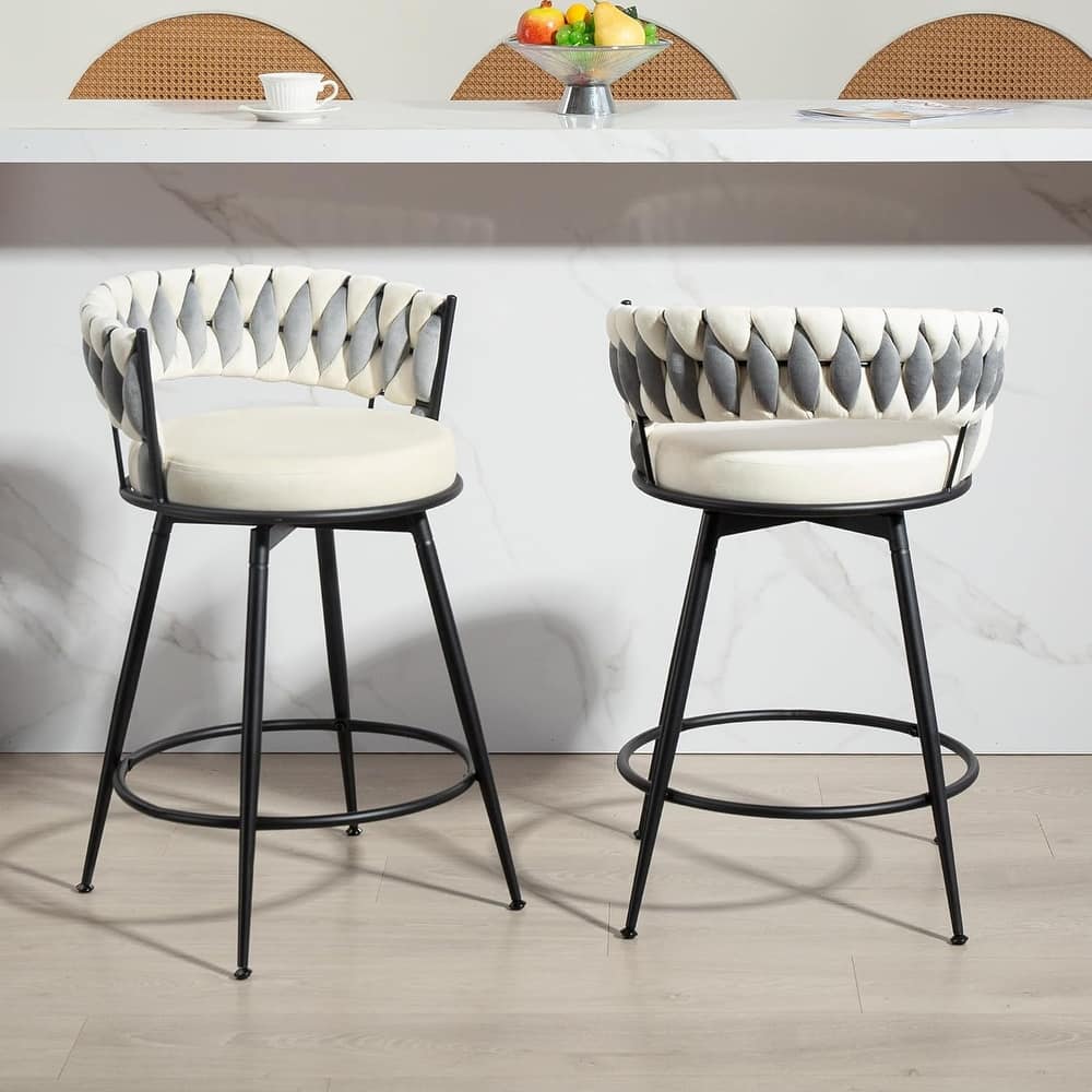 XINMICS 360° Swivel Bar Stools, 24 Inches Modern Counter Height Bar Stools with Woven Back, Upholstered Suede Tall Barstools