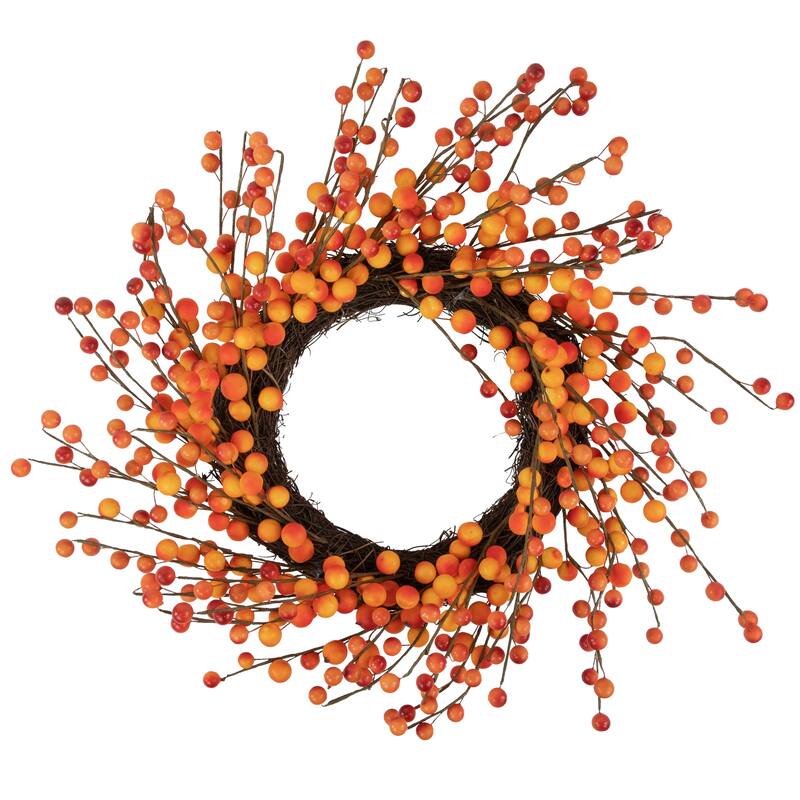 14" Orange Red Berry Artifical Fall Harvest Twig Wreath, 14", Unlit