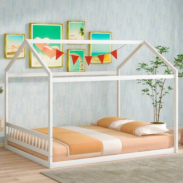 slide 2 of 8, Queen Size Wooden House Bed with Headboard , Whimsical Design Adds Charm and Characte White