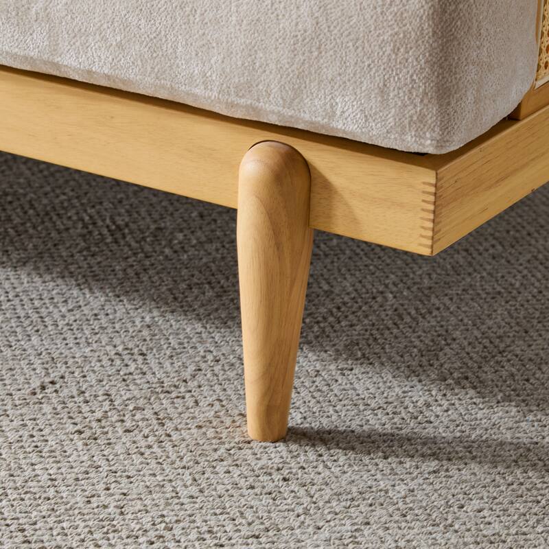 Minimalist Sofa Couch with Rattan Armrests, 3-Seater Sofa Couch Natural Beige Settee Couch with Wood Legs