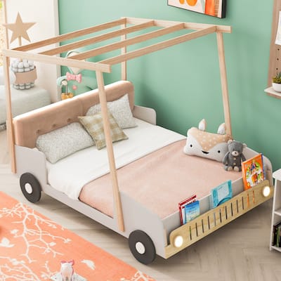 Wood Full Size Car Bed with Pillow, Ceiling Cloth, LED and Canopy Frame, Wood Kid Bed Frame, No Box Spring Needed