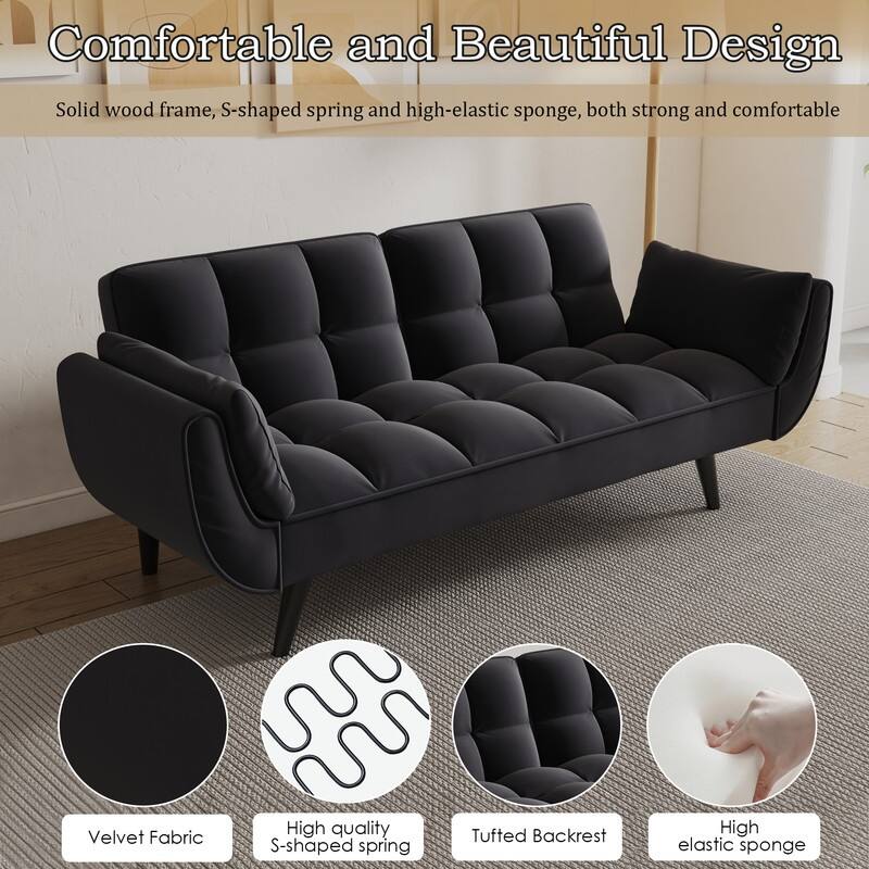 74" Velvet Upholstered Double Sofa Bed, Beige