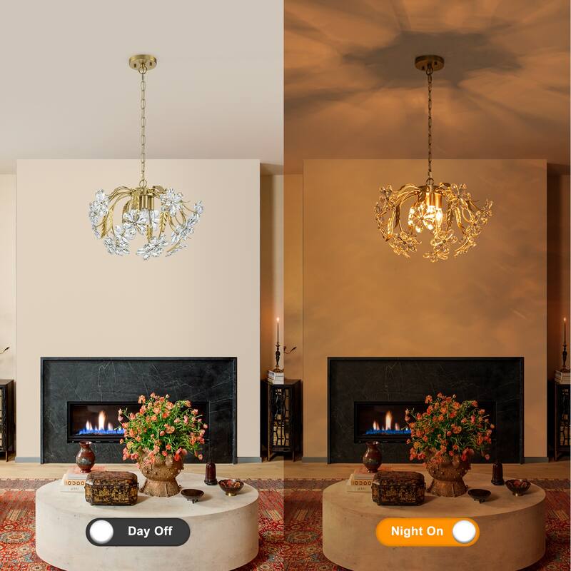 Brushed Gold 4-Light Branch Chandelier with Crystal Floral Accents - Dia.17.72-in