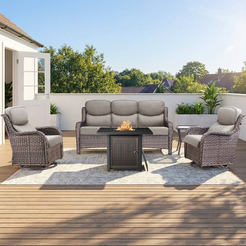 Pocassy 30 In Outdoor Propane Fire Pit Table Patio Sofa Chair Set. - Brown Wicker Gray Cushion - 5-Piece Sofa Swivel Chair Table w/ Fie Pit Table