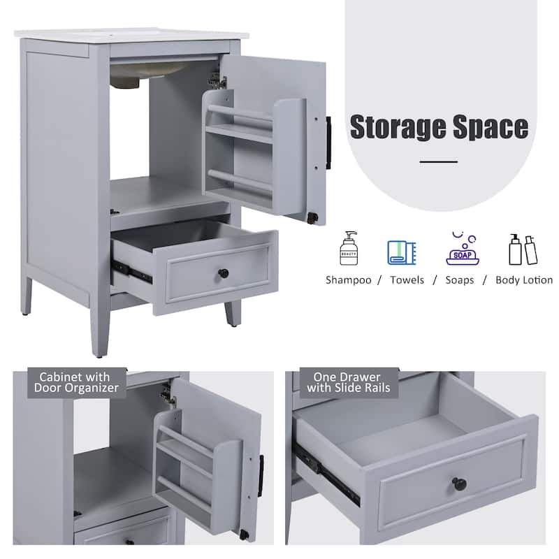 20" Bathroom Vanity with Sink, Bathroom Cabinet with Two Doors, Door Shelf Storage and Adiustable Foot Pads, A Drawer