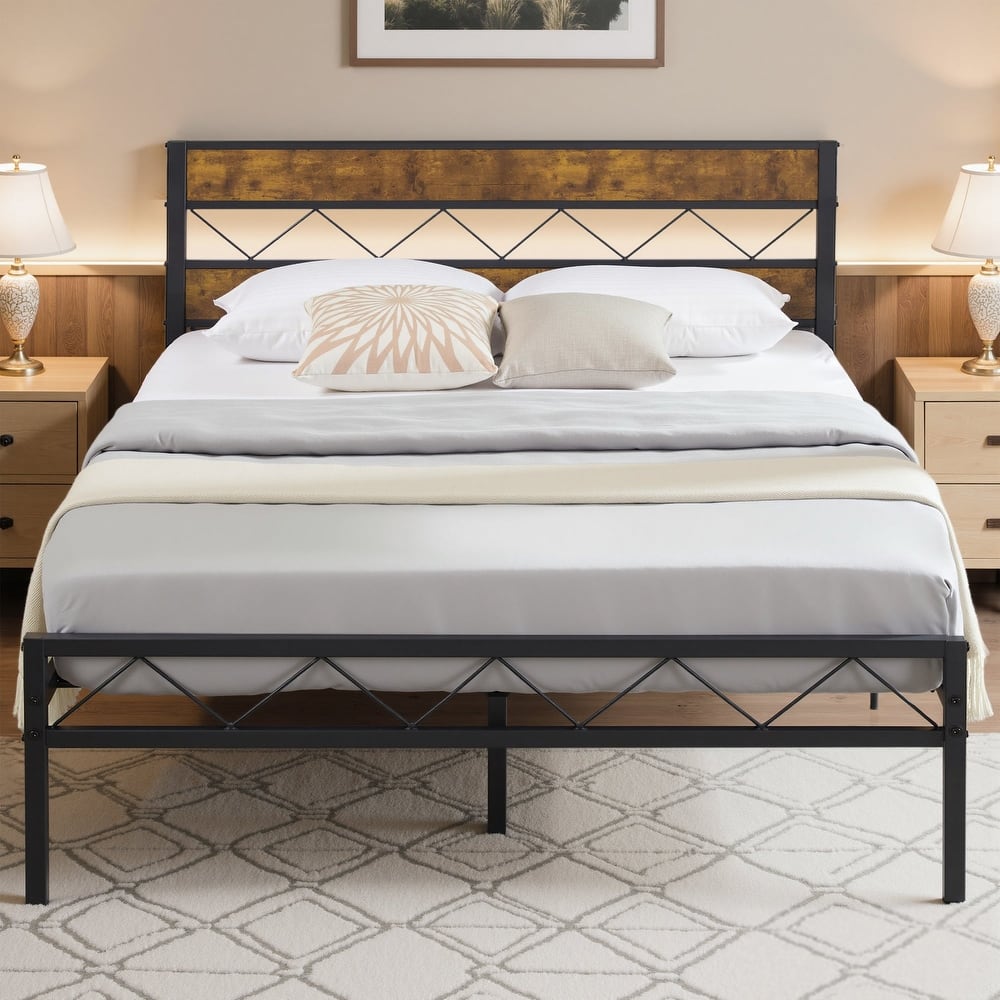 VECELO Vintage Metal Platform Bed Frame with Wood Headboard, Storage Bed, Noise-Free, No Box Spring Needed, Twin/Full/Queen Size