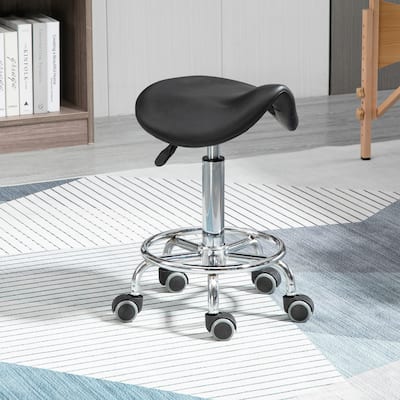 Pu Leather Rolling Saddle Stool With Footrest