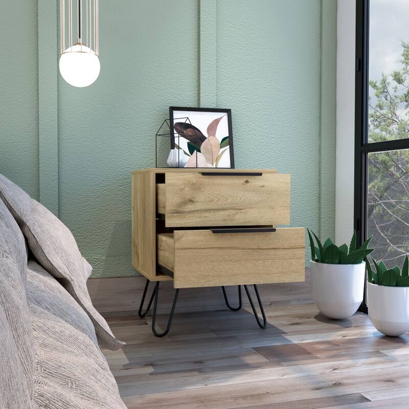 Light Oak 2-Drawer Nightstand, Side Table with Hairpin Legs