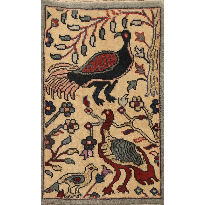 Hand Knotted Oriental 100% Wool Carpet Traditional Animal Pictorial Beige & Ivories Ziegler Area Rug - 3' 0'' X 2' 0''