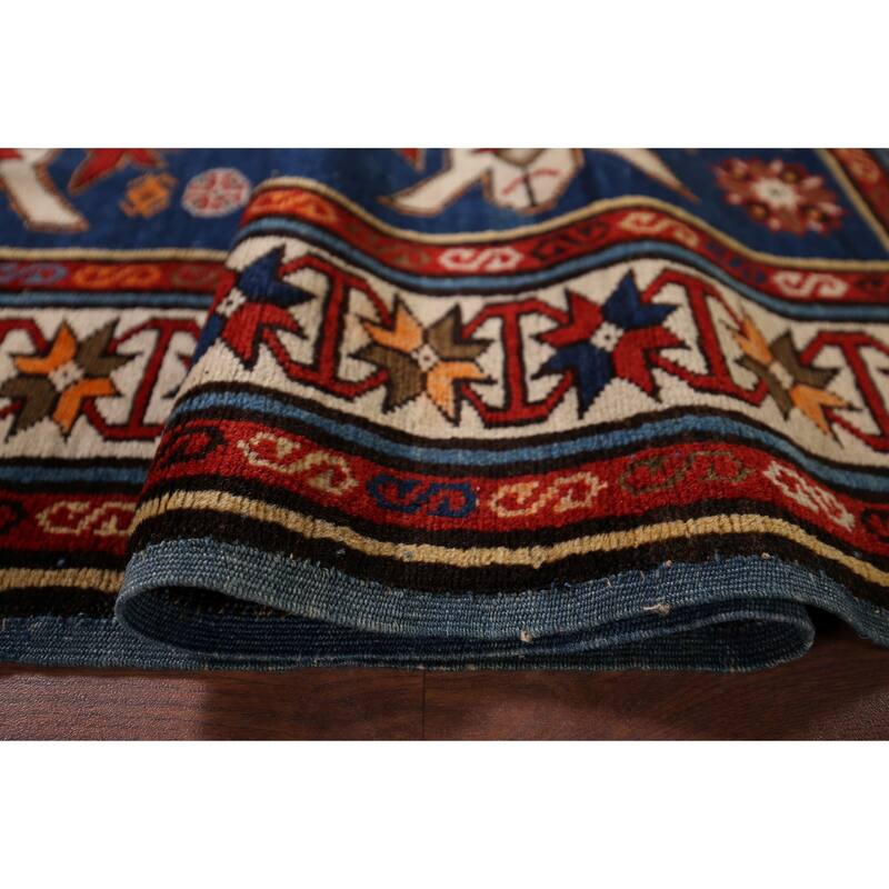 Navy Blue Geometric Kazak Vegetable Dye Wool Carpet - 3'5" x 5'2"