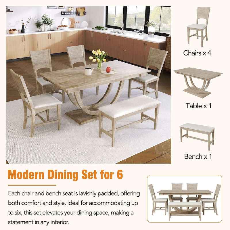 Modern 6-Piece Wood Half Round Dining Table Set Kitchen Table Set with Long Bench and 4 Dining Chairs