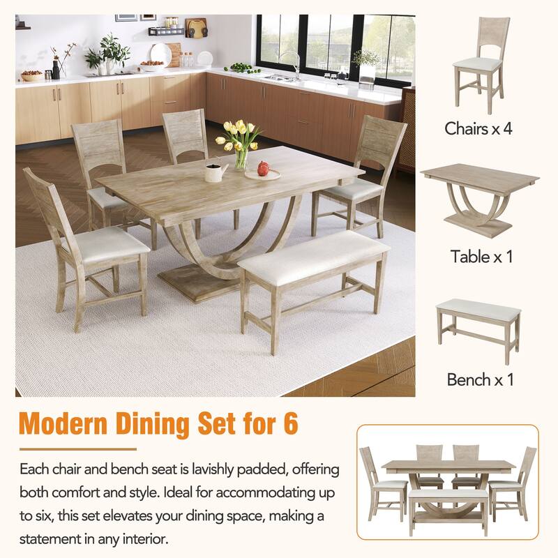 Upholstered Bench and Four Upholstered Chairs with Wooden Backrest, Elegant Rectangular Dining Table Set