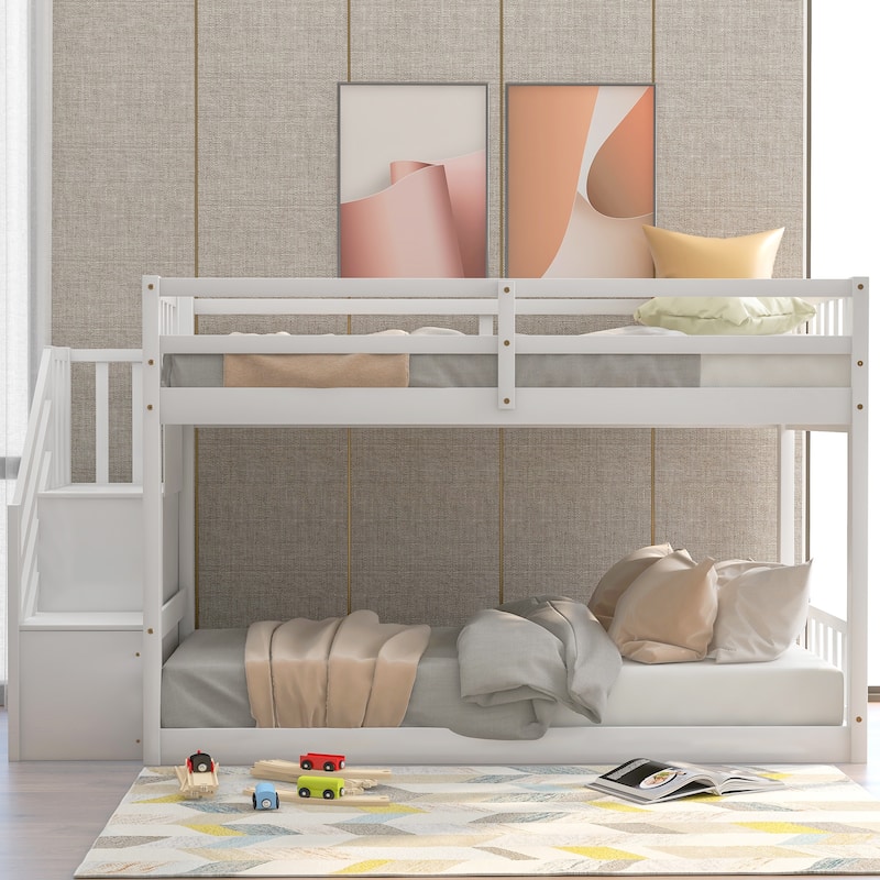 Twin Over Twin Floor Bunk Bed with Ladder & Storage, Solid Wood Low Bunk Bed Frame with Safety Guardrails for Small Bedrooms - White - Twin