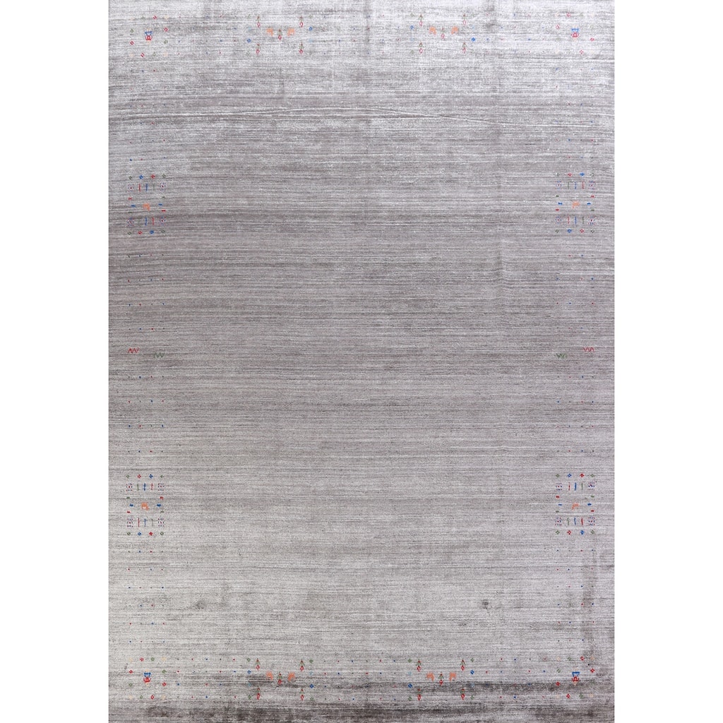 Hand Knotted Oriental 100% Wool Carpet Tribal Stripe Greys & Charcoal Gabbeh Area Rug - 12' 1'' X 9' 1''