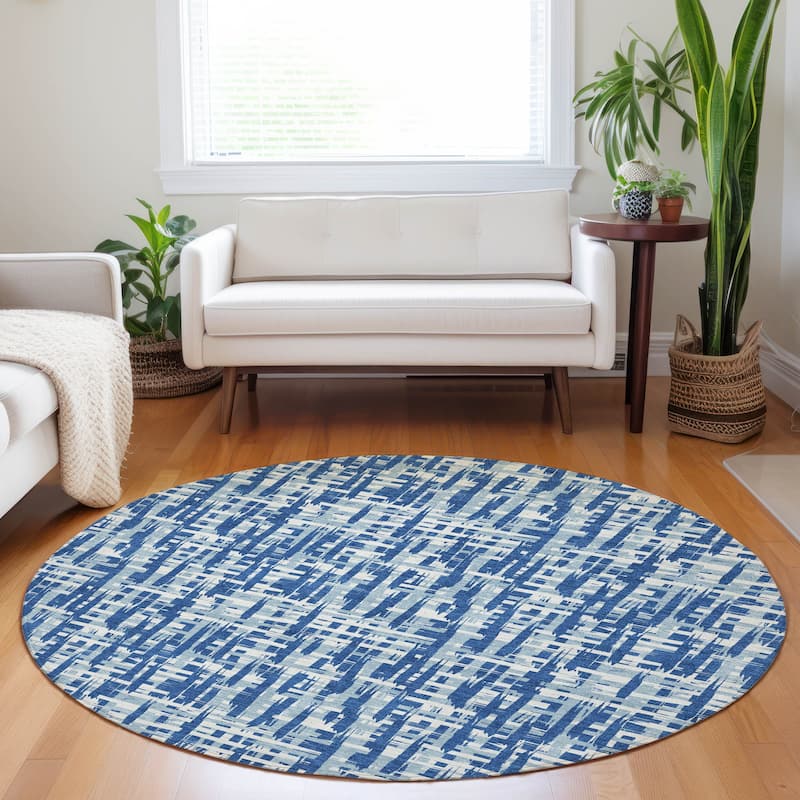 Machine Washable Indoor/ Outdoor Modern Crosshatch Chantille Rug - Blue - 8' x 8'