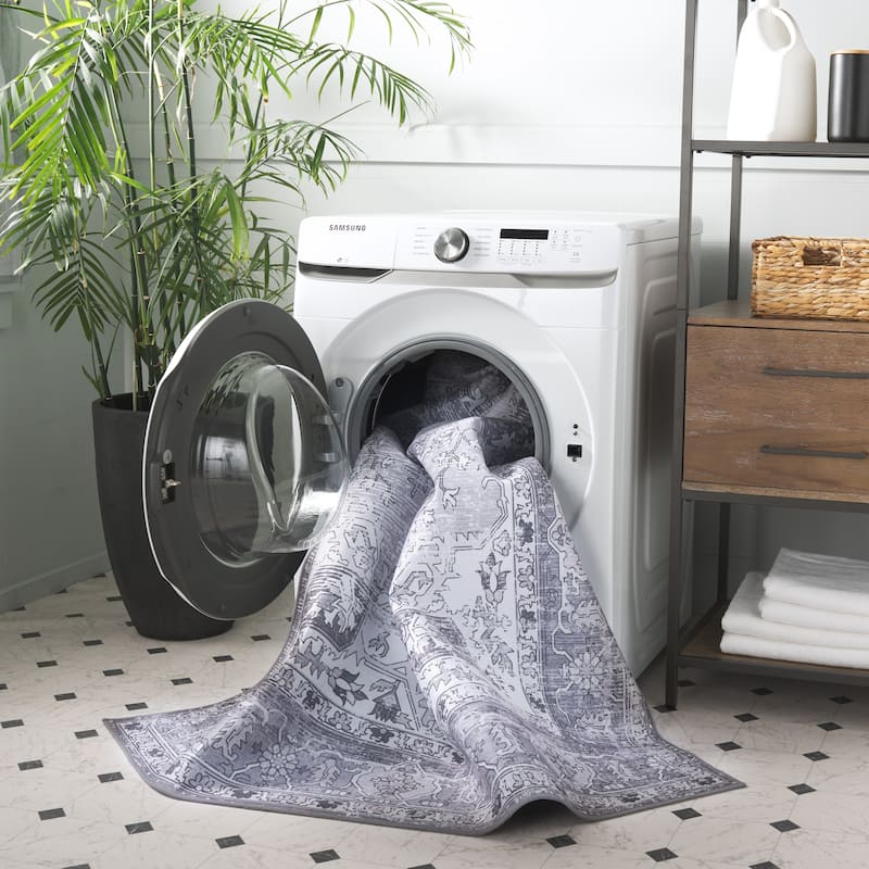 SAFAVIEH Tucson Machine Washable Slip Resistant Salome Oriental Medallion - 9' x 12' - Dark Grey/Light Grey