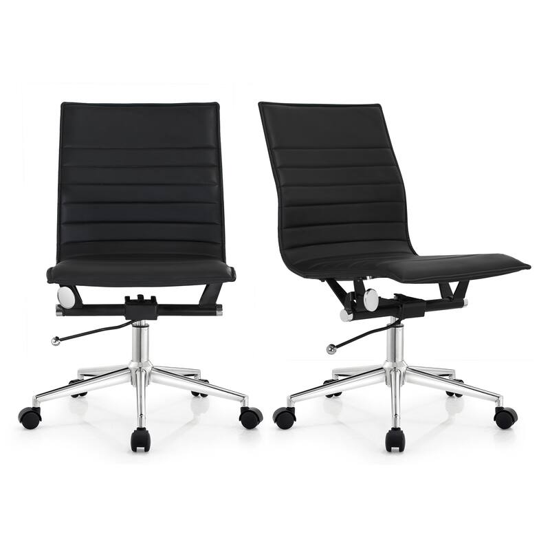 Set of 2 Modern Office Chairs | Upholstered PU Leather Ribbed Armless Mid Back with Metal Frame | Adjustable Height, Tilt