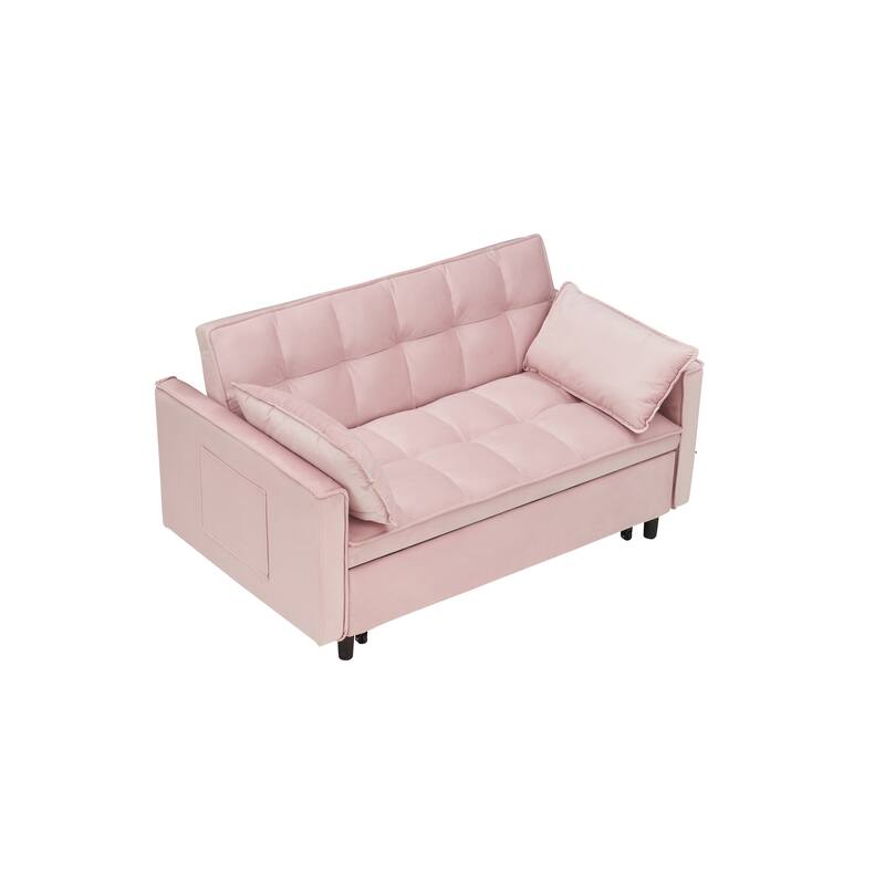 Modern Velvet Loveseat Sofa, 55" 2-Seater Futon Sofa Couch with Pullout Bed, 3-in-1 Convertible Sleeper Couches, Pink