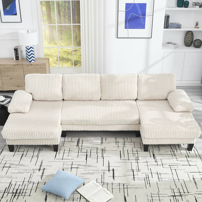 U-Shaped Modular Sectional Sofa with Double Chaise Lounge, Convertible Deep Seat Sleeper Sofa, Velvet Upholstered 4 Seater Sofa - Beige