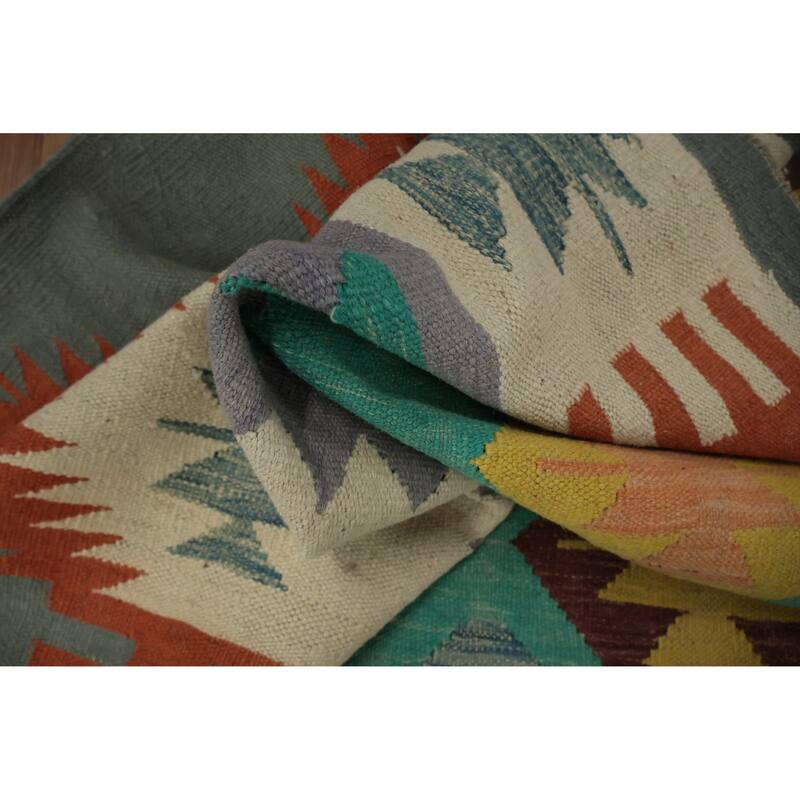 Hand Woven Oriental 100% Wool Carpet Southwestern Tribal Green Kilim Area Rug - 11' 10'' X 9' 0''