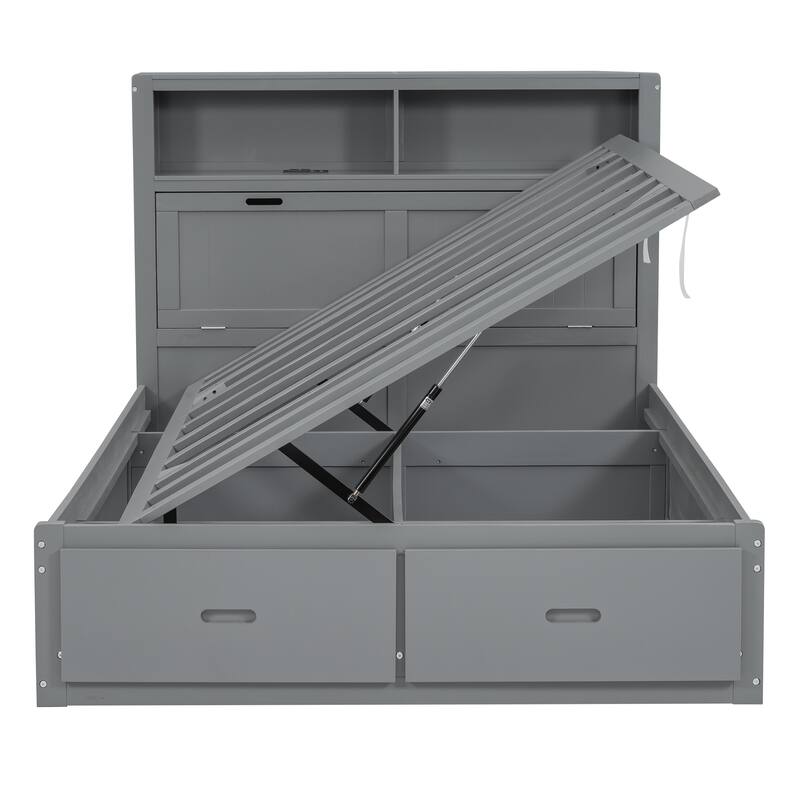 Queen Size Hydraulic Platform Bed with Storage, LED Headboard, Charging Station, and Drawers, Gray