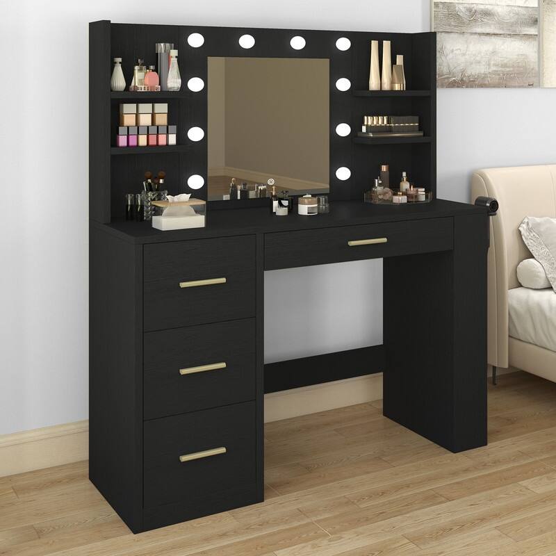 Moasis Makeup Vanity Desk with Mirror & 10 Lights,Makeup Table with 4 Drawers and 8 Open Storage Shelves - Black