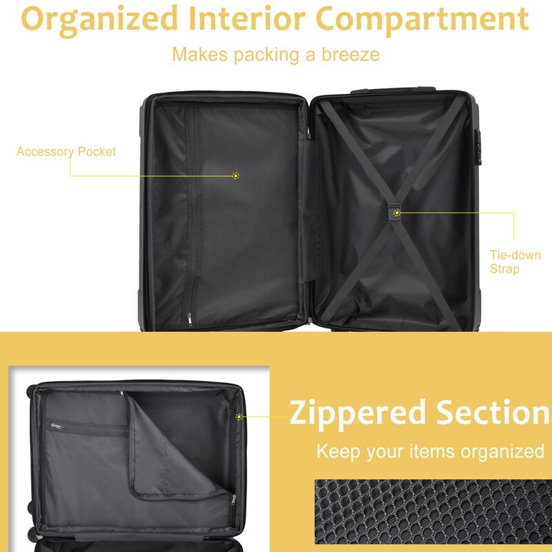 Durable 3-Piece Luggage Set, Expandable Hardshell ABS with Double Spinner Wheels & TSA Lock (20/24/28)