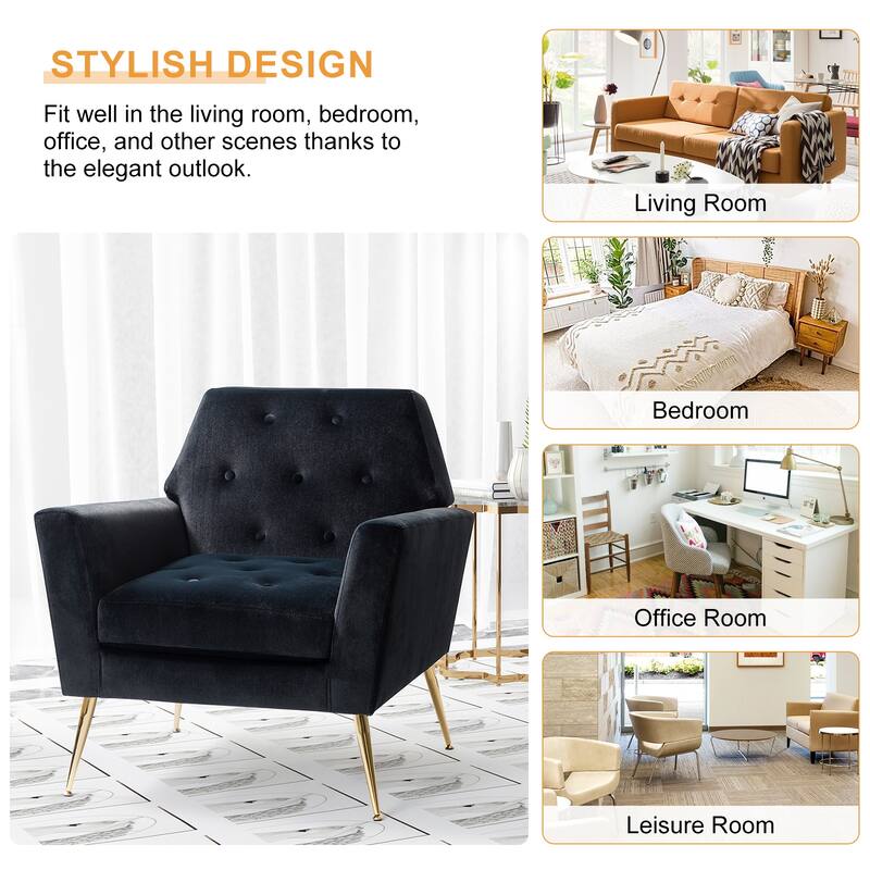Lilia Contemporary Velvet Upholstered Tufted Back Armchair with Metal Golden legs Set of 2 by HULALA HOME