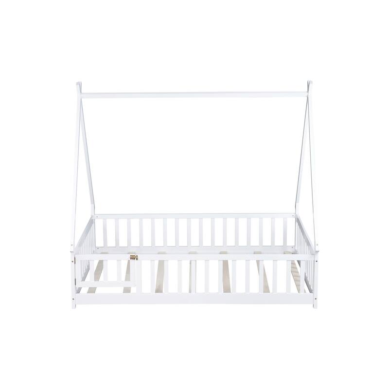 Full Size Rubber Wood Tent-shaped Floor Bed with Guardrails