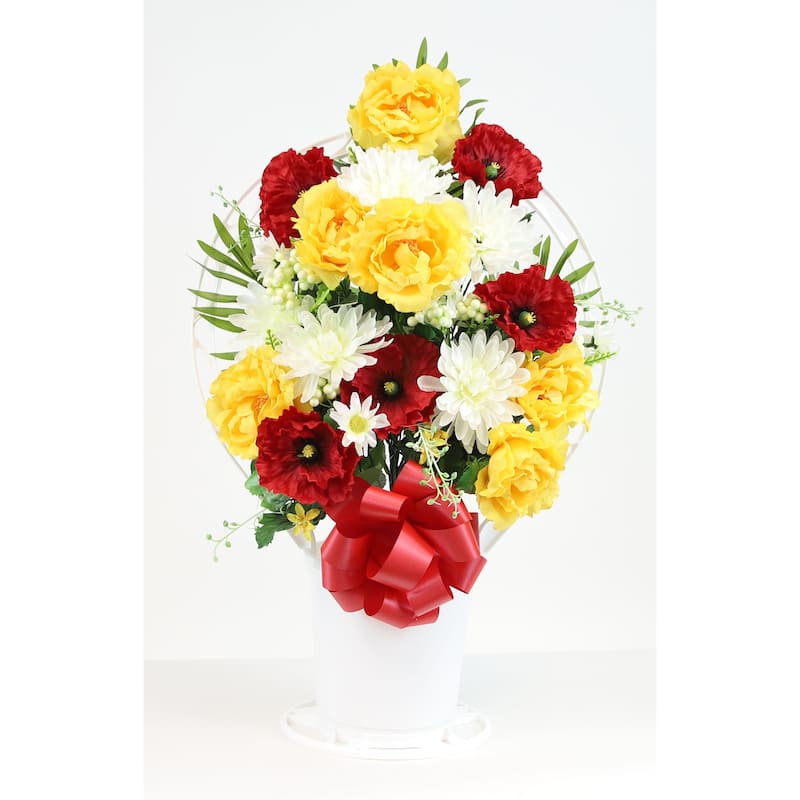Memorial Rose Poppy & Mum Mix Arrangement in Large, White Cemetery Hoop Basket with Handle - N/A - Red, Yellow, White