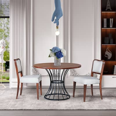 42" Round Dining Set - Solid Wood-Look Veneer Table + 2 Upholstered Walnut-Finish Chairs, Heavy-Duty Iron Base