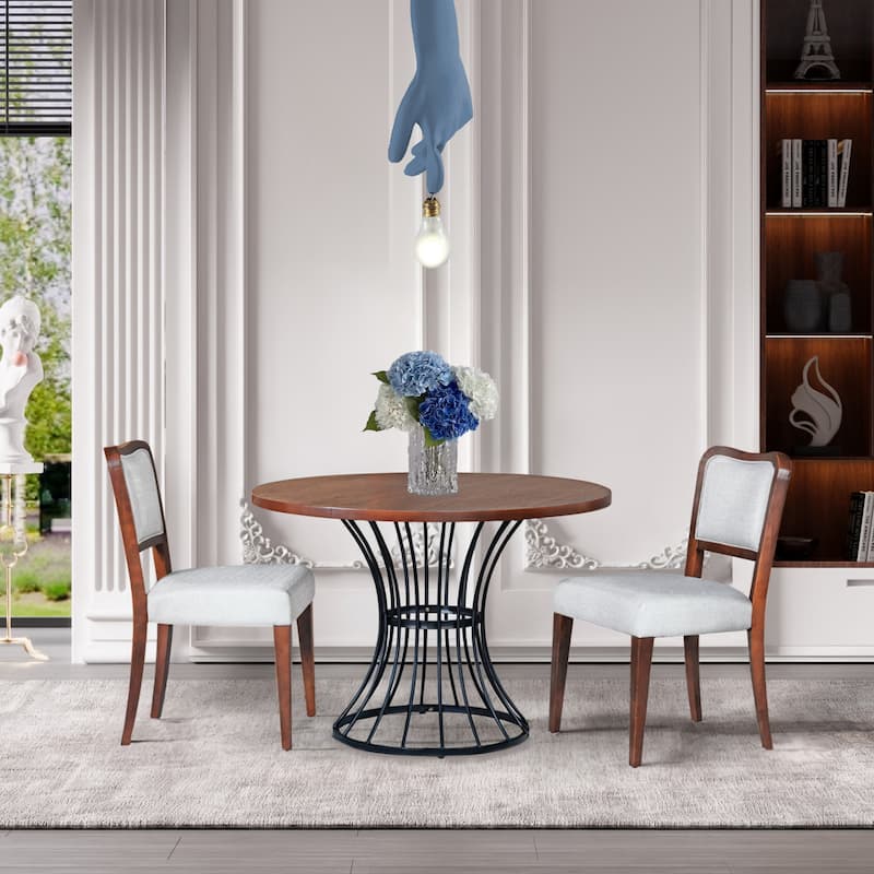 42" Round Dining Set-Solid Wood-Look Veneer Table +2 Upholstered Walnut-Finish Chairs,Heavy-Duty Iron Base,Space-Saving,3-Piece