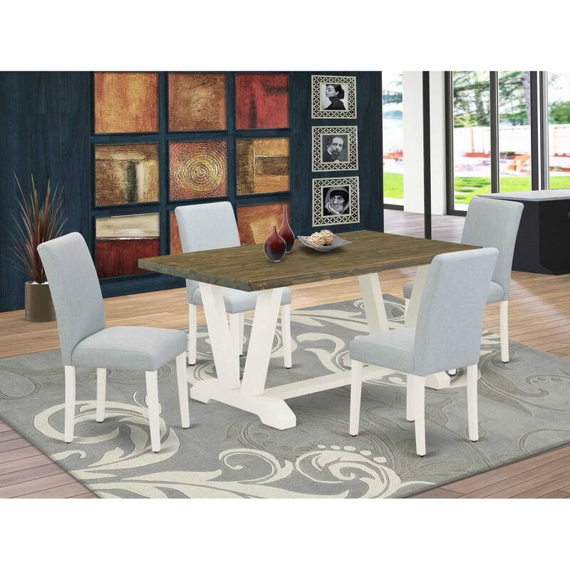HomeStock 5-Pc Rectangle Natural Oak Finish Solid Wood Top Dining Table with 4 Upholstered Chairs