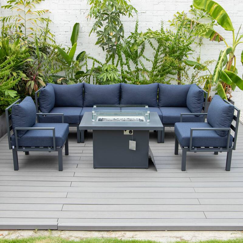 Chelsea 7-Piece Outdoor Patio Sectional Sofa Set with Fire Pit Table, Black Aluminum Frame for Backyard, Garden, and Deck