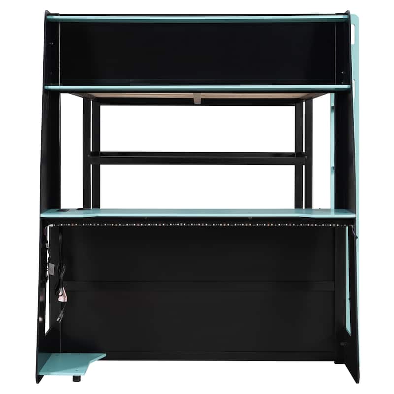 Full Size Gaming Loft Bed Station with Desk, Storage Shelves & RGB LED Lights