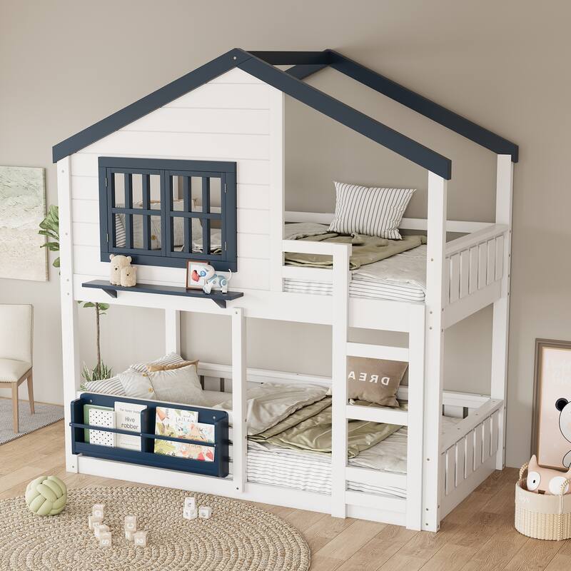 Full/Twin Bunk Bed with Bookshelf, House Design Loft Bed with Safety Fencing, High-Quality Kids Bed Frame - White & Blue - Twin
