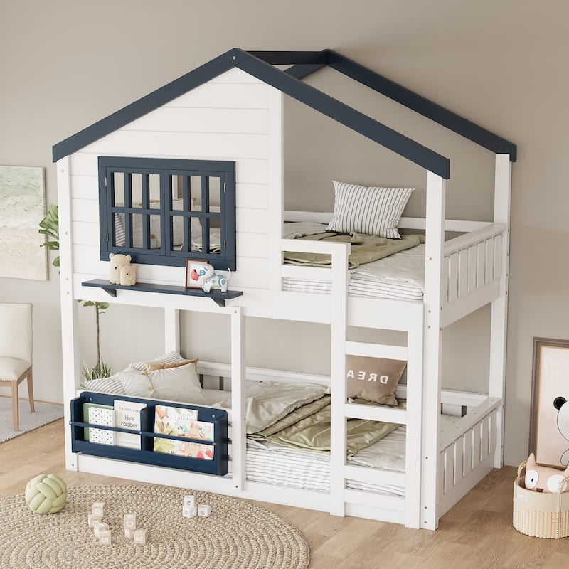 Roomfitters Twin House Bunk Bed with Bookshelf and Ladder, Solid Wood Frame with Roof, White and Blue - White
