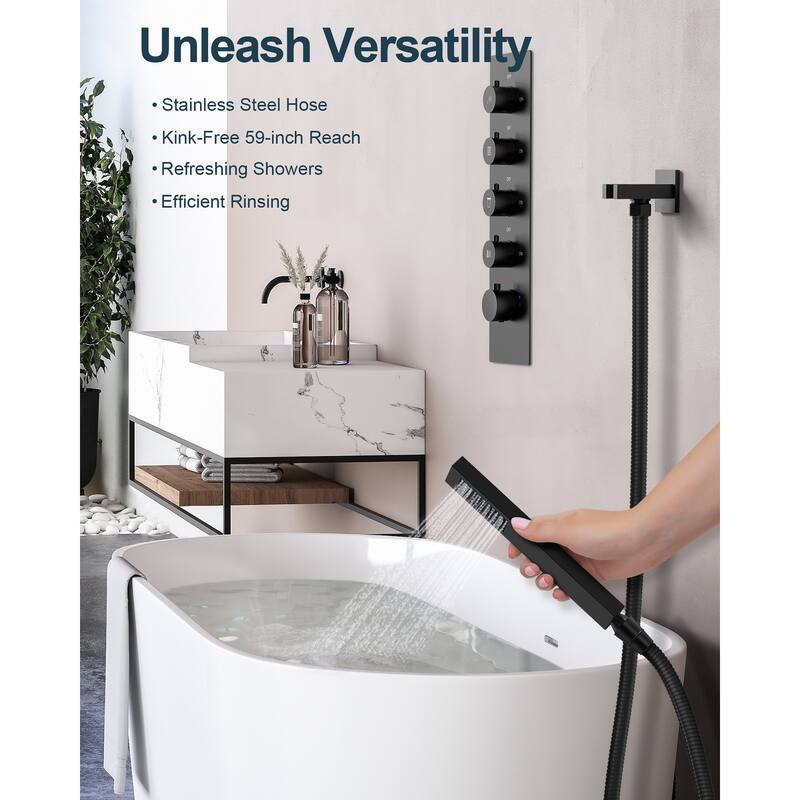 GRANDJOY Thermostatic Shower System 20" Ceiling Mount Shower Head Handheld Spray and Body Jets Combo LED Music