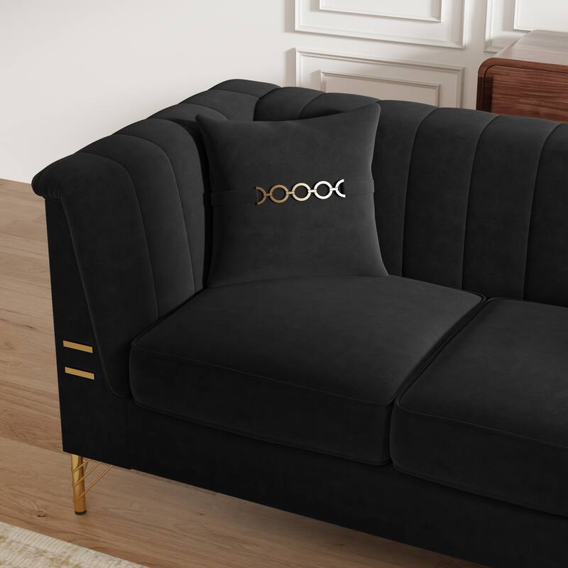 82.67" Modern Velvet 3-Seater Sofa, Vertical Channel Tufted Backrest, Gold Metal Legs, Chesterfield Style