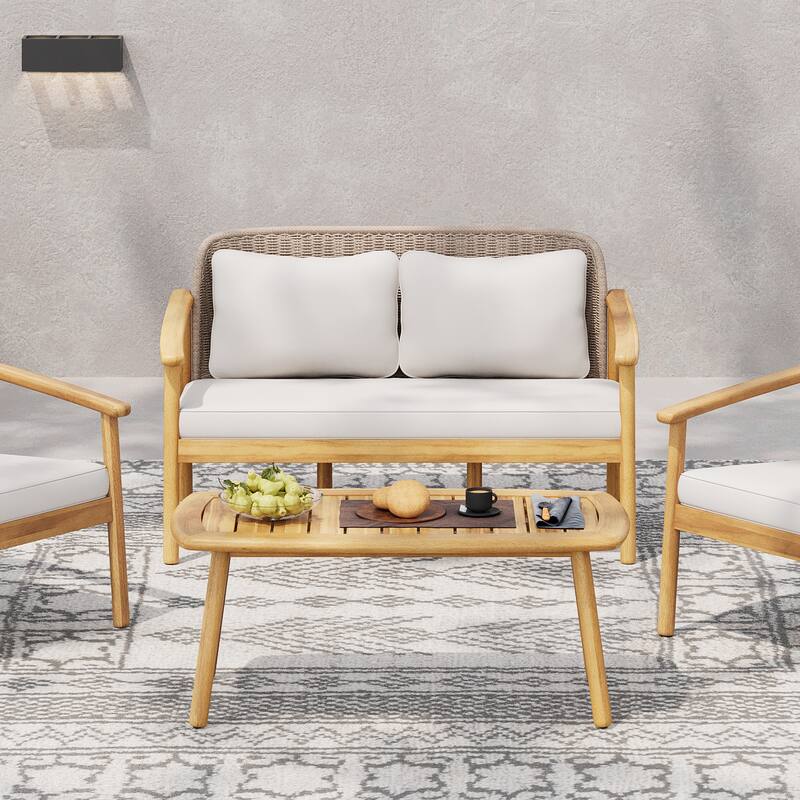 Christopher Knight Home - Camille 2-Piece Outdoor Acacia Wood Conversation Set with Woven Rope Backrest & Coffee Table