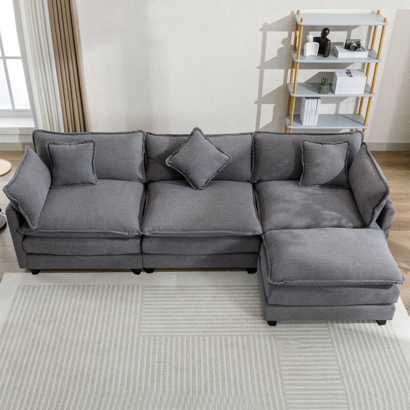 Grey 112.2" Modern L-Shaped 4-Seat Sectional Sofa with Removable Ottoman, 5 Plush Pillows, and Sturdy Construction