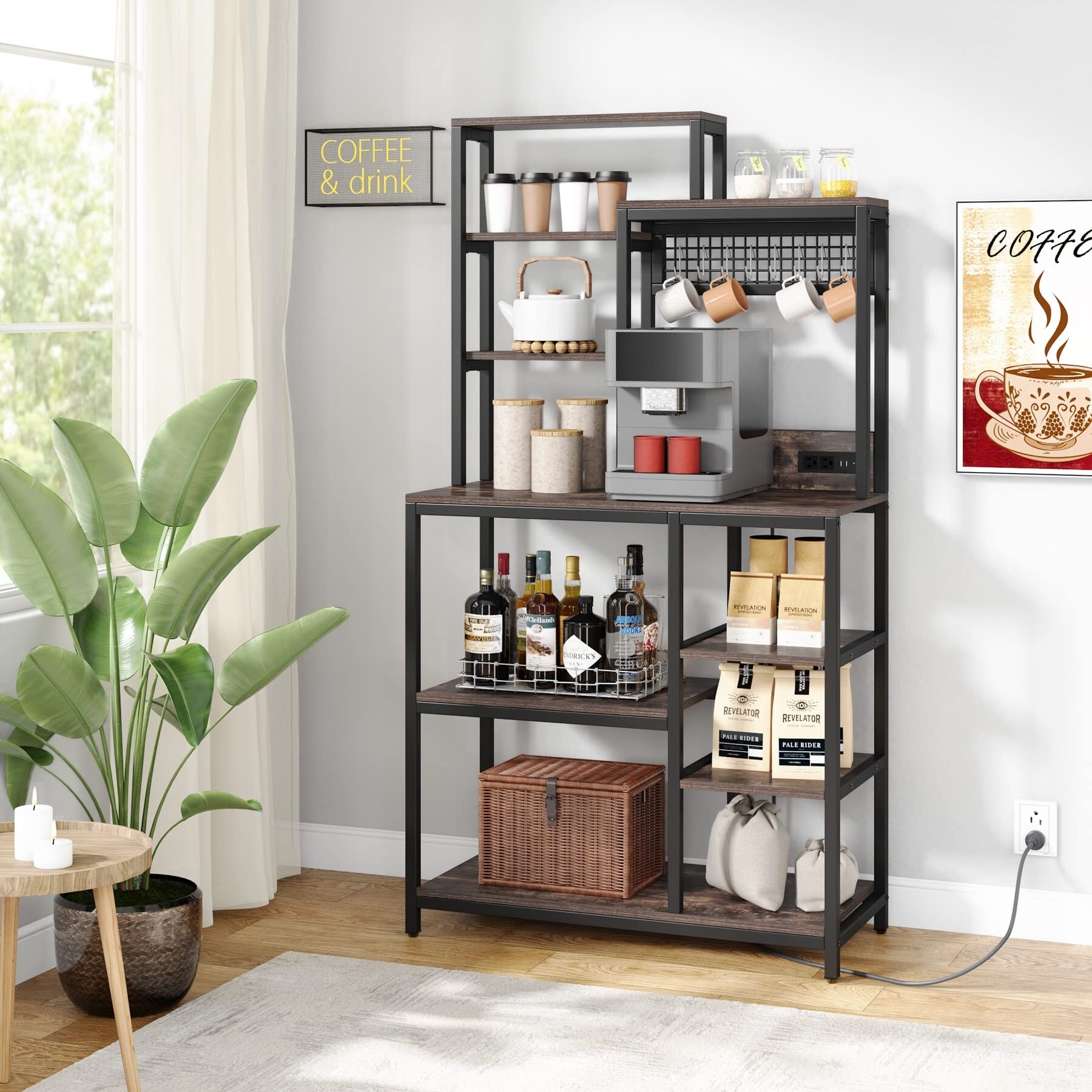 https://ak1.ostkcdn.com/images/products/is/images/direct/990f36fa051edcea66e556e8181ed8799ed24c1d/Bakers-Rack-with-Power-Outlet%2C-9-Tier-Kitchen-Utility-Storage-Shelf-with-8-S-Hooks%2C-Rustic-Brown.jpg