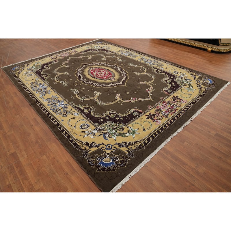 Victorian Style Green Aubusson Turkish Area Rug Machine-Made Carpet - 9'9" x 12'11"